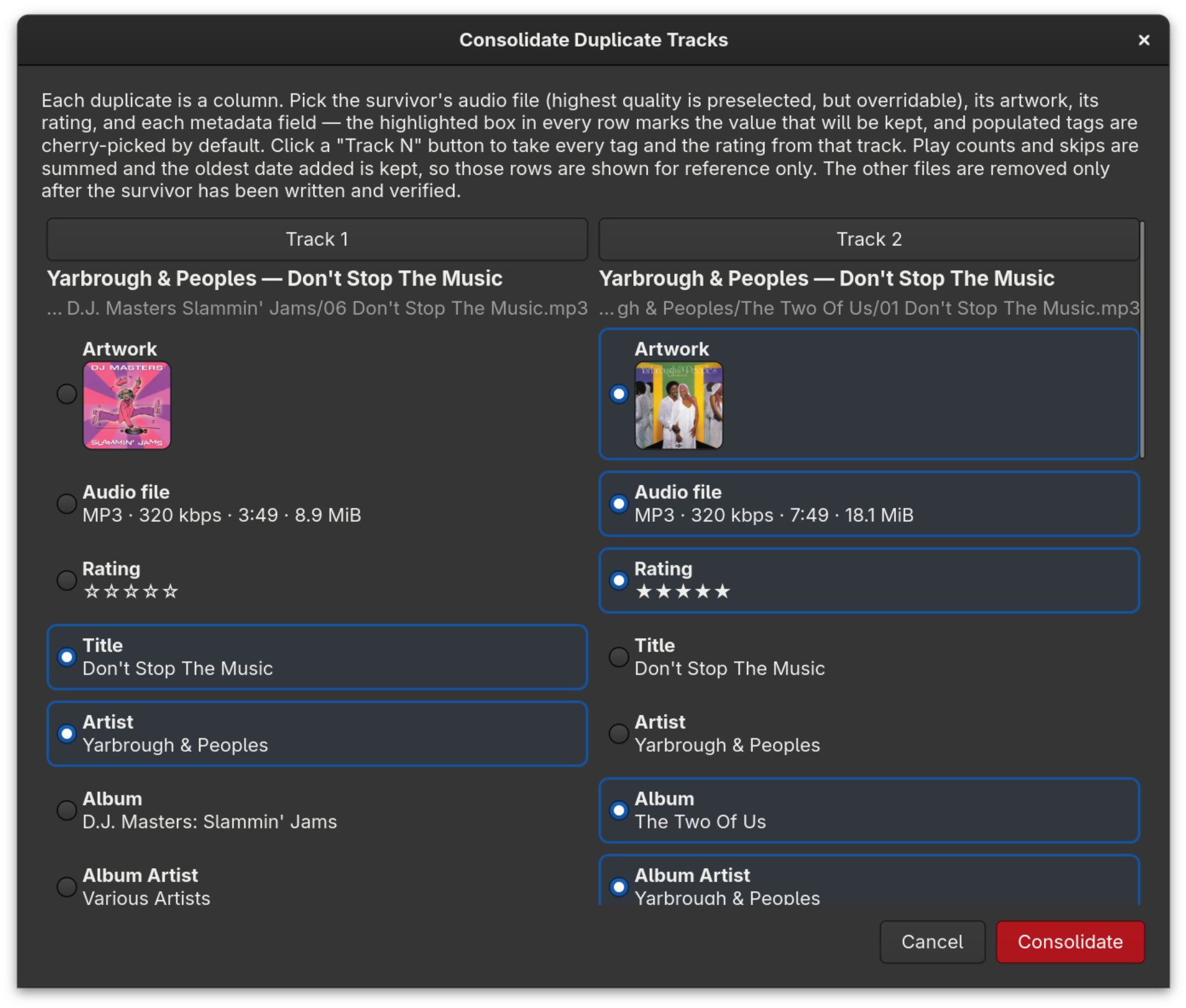 Sustain's Consolidate Duplicate Tracks dialog: two duplicate copies side by side, each metadata field individually selectable so the best value from either copy is kept before the extra files are removed.