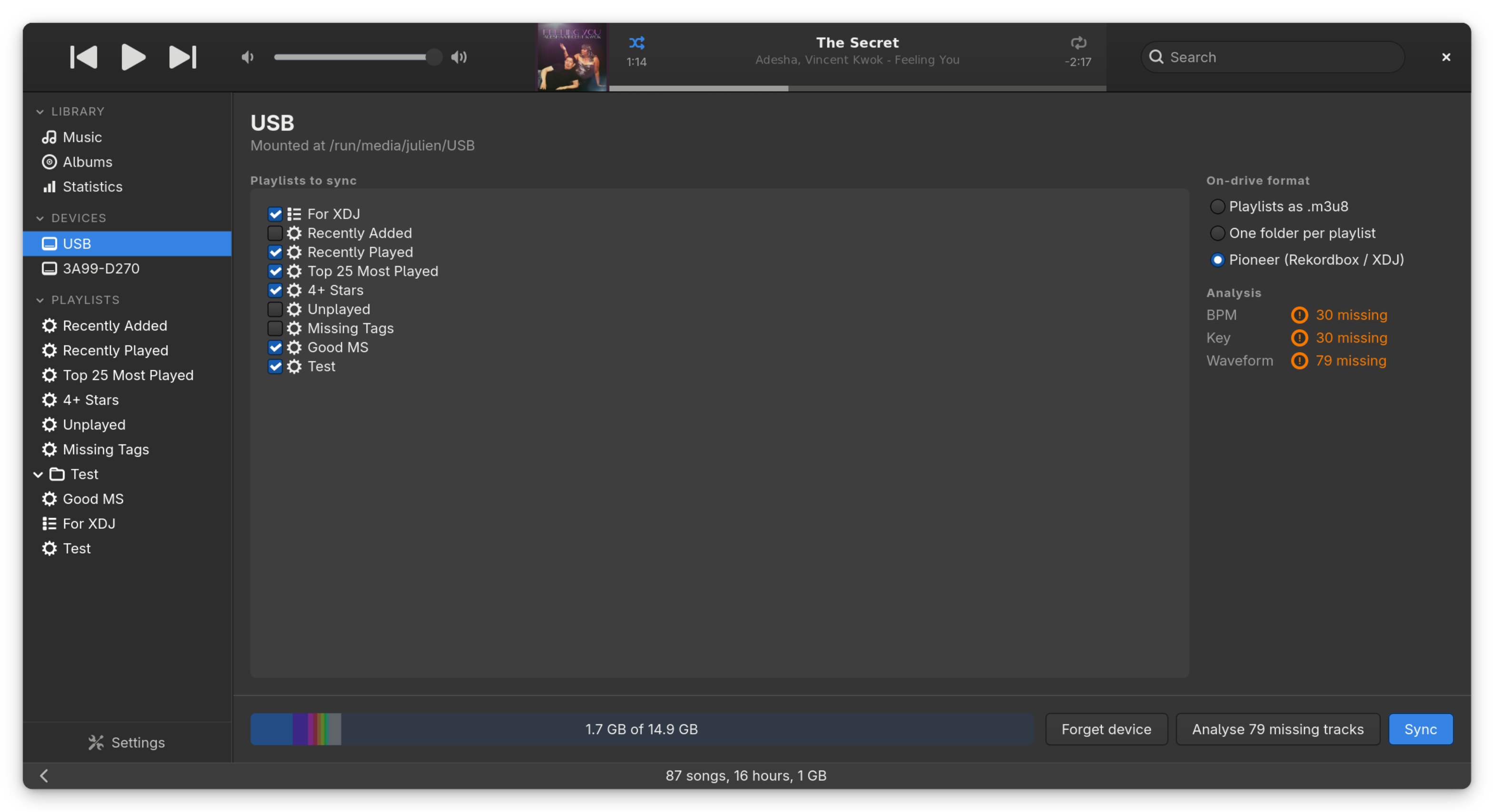 Sustain's device sync panel: a USB stick with playlists ticked to sync, the Pioneer (Rekordbox / XDJ) on-drive format selected, per-metric analysis readiness, and a genre-stacked disk-occupation bar.