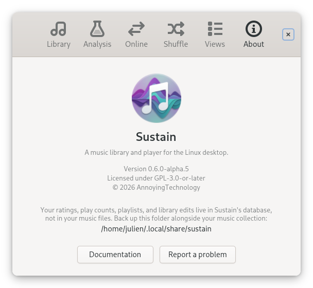 Sustain's About panel: version, GPL-3.0 license, and the on-disk library data location.