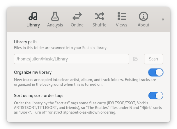 Sustain library settings.