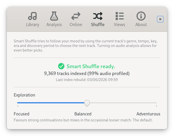 Sustain's Smart Shuffle settings: a 'Smart Shuffle ready' status with the indexed-track count, and a Focused / Balanced / Adventurous exploration slider.