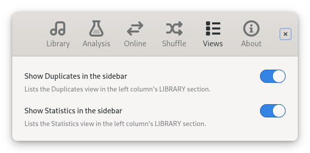 Sustain's Views settings: toggles to show the Duplicates and Statistics views in the sidebar.